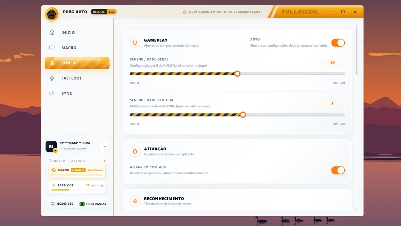 Tela de configuração de sensibilidade do PUBG Auto