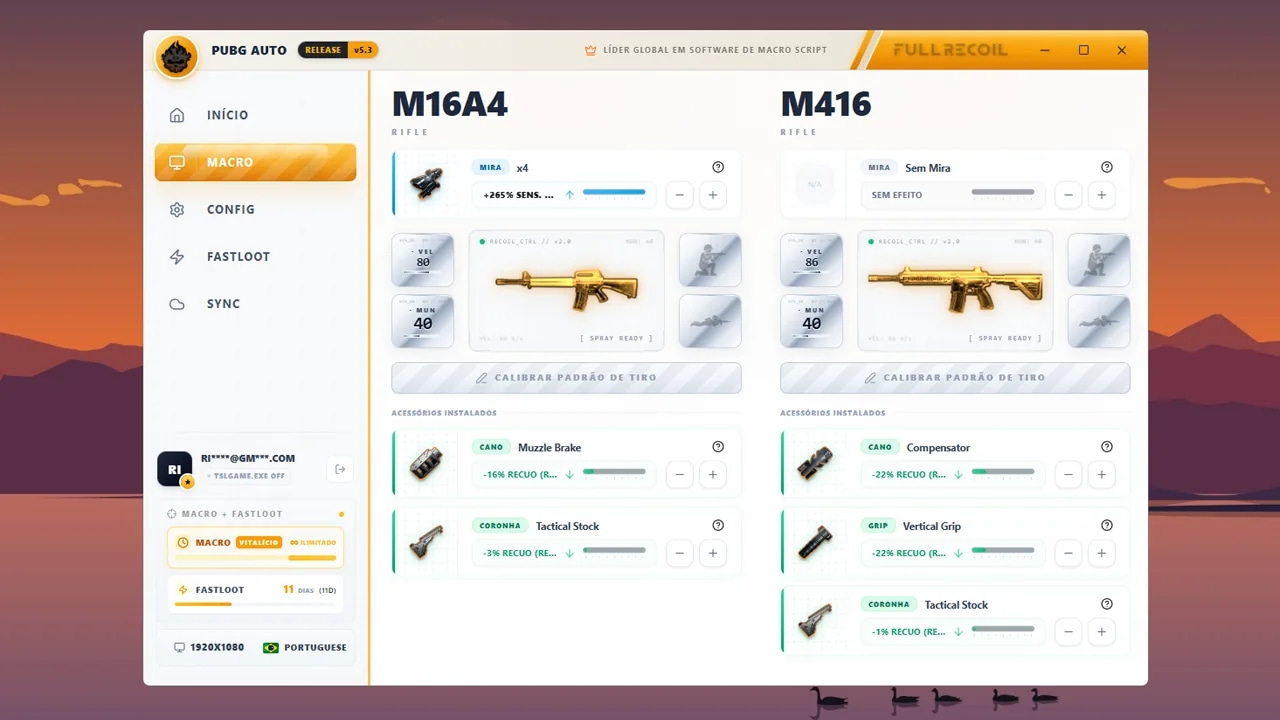 Interface do PUBG Auto mostrando a detecção automática de arma