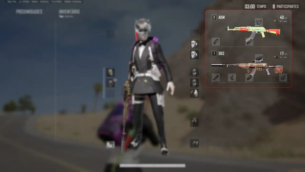 Inventário do PUBG aberto para leitura de armas e acessórios