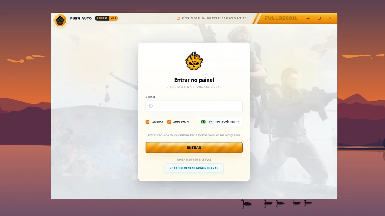 Tela de login do PUBG Auto com seleção de idioma