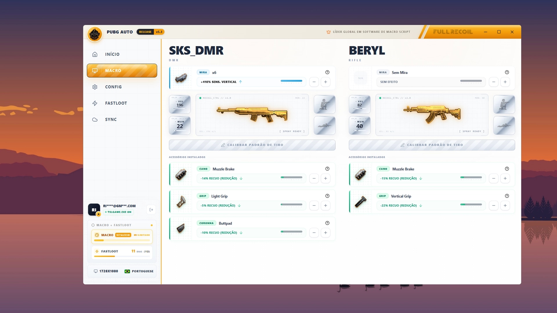 FullRecoil PUBG Auto - Reconhece arma e acessórios (Detecção automática) - Abriu o inventário (TAB), o sistema lê a arma ativa e os acessórios — cano, grip e coronha — e aplica o recoil certo na hora. Até dois slots ao mesmo tempo.