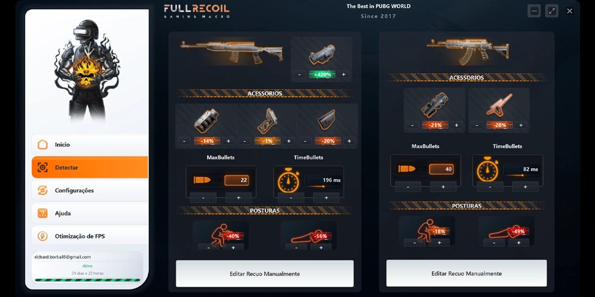 Interface de calibração de recoil - painel de ajustes de arma
