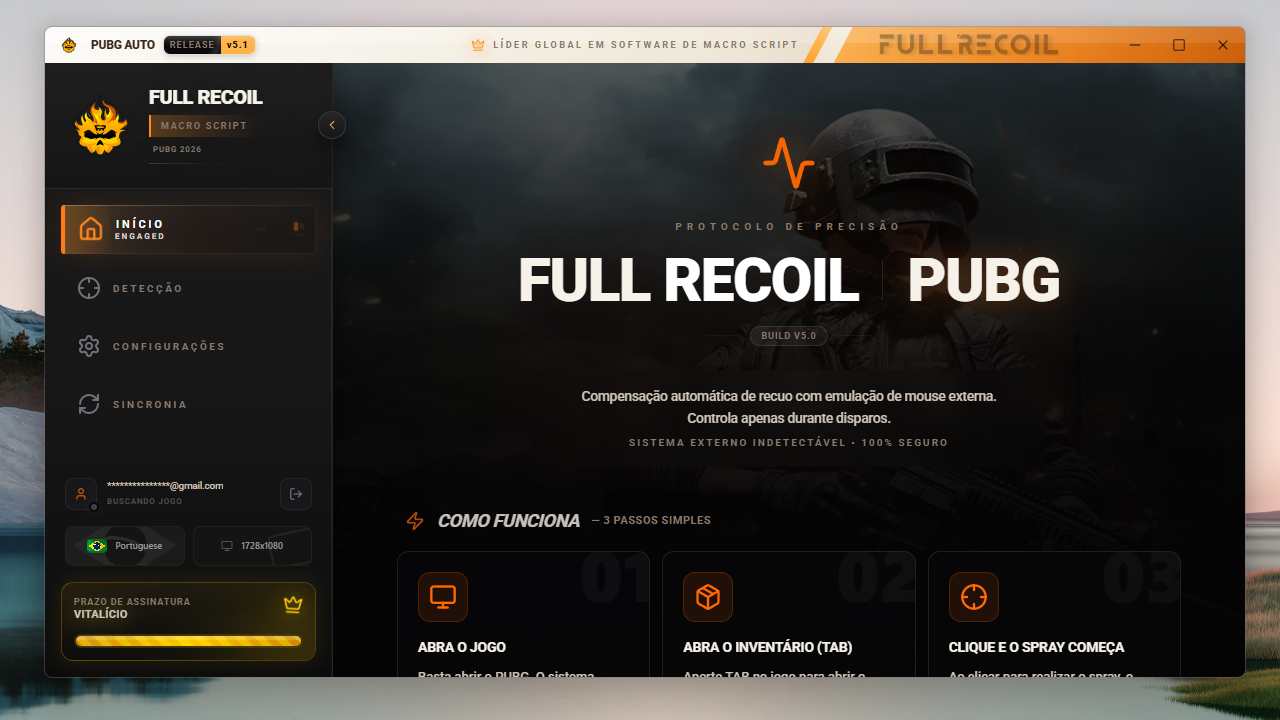Painel inicial do PUBG Auto com idioma e resolução visíveis