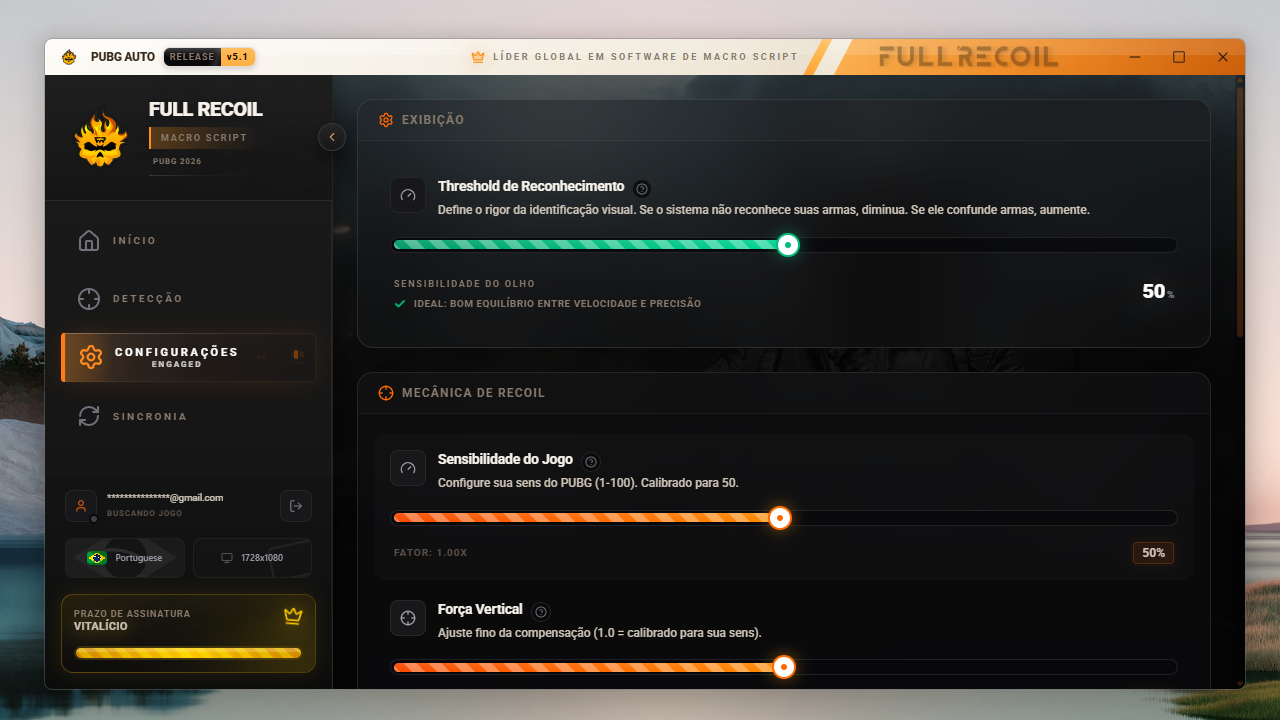 Tela de configuração de sensibilidade do PUBG Auto