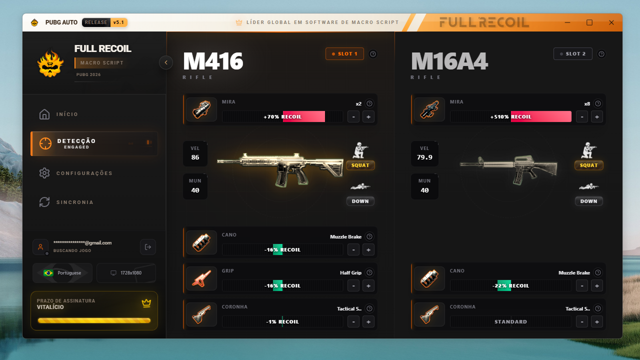 Interface do PUBG Auto mostrando a detecção automática de arma
