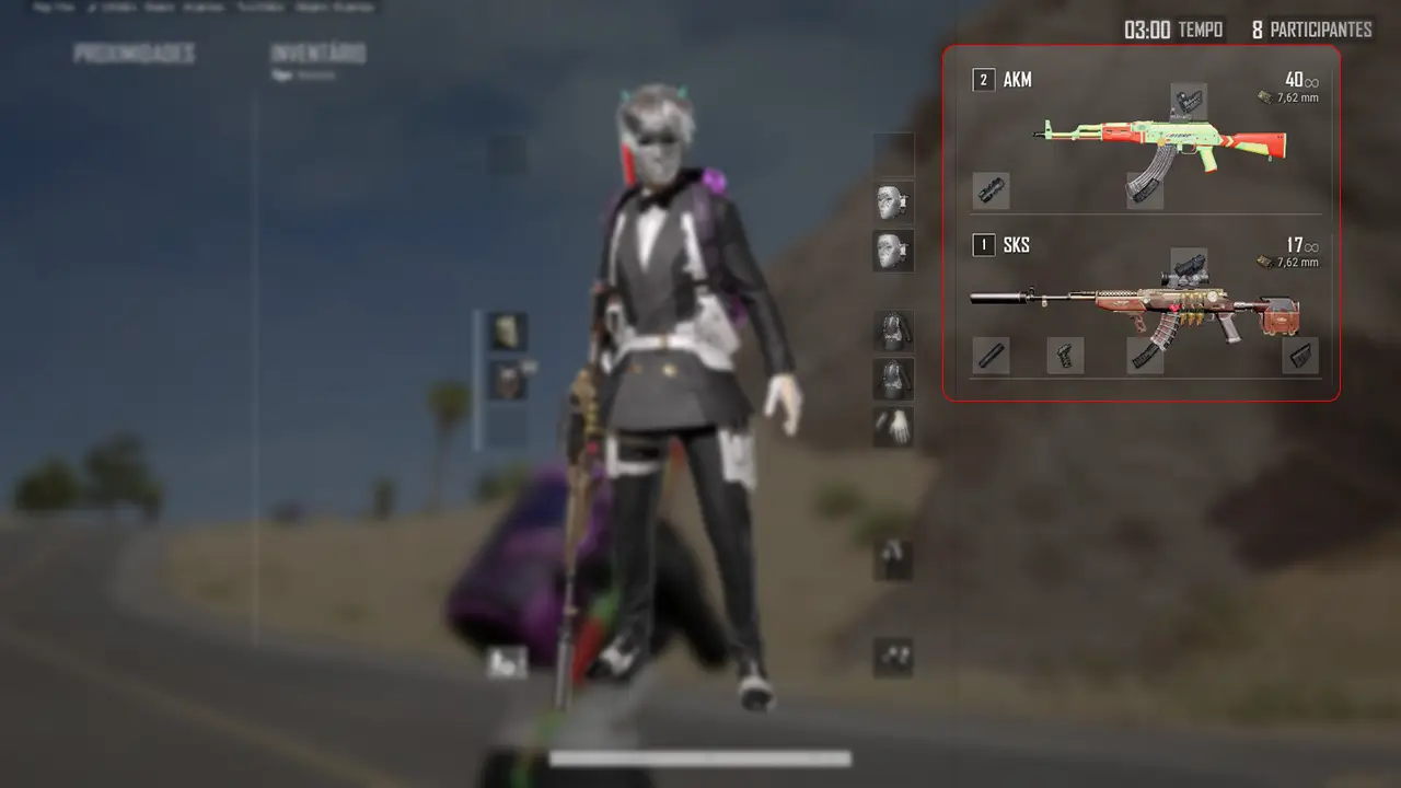 Inventário do PUBG aberto para leitura de armas e acessórios