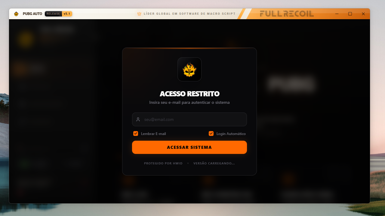 Tela de login do PUBG Auto com seleção de idioma